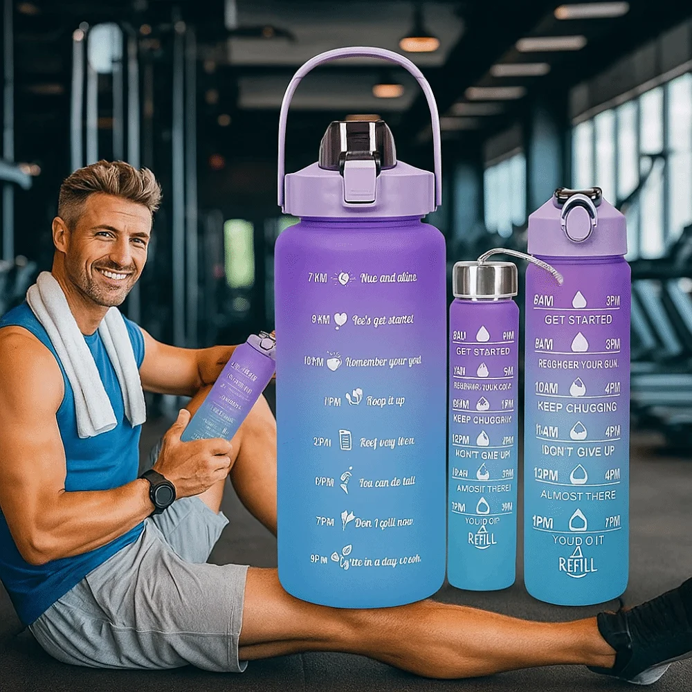 

3Pcs Set Large Capacity Gradient Color Sport Water Bottle Plastic with Time Marker Gym Straw Cup Leakproof Water Cup Office