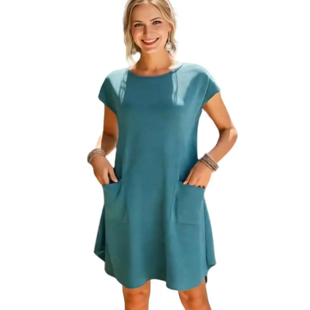 

Summer Mini Dress for Women Short Sleeve Crew Neck A-line Swing Dress Casual Vacation Tunic Short Dress with Pockets Simple Wome