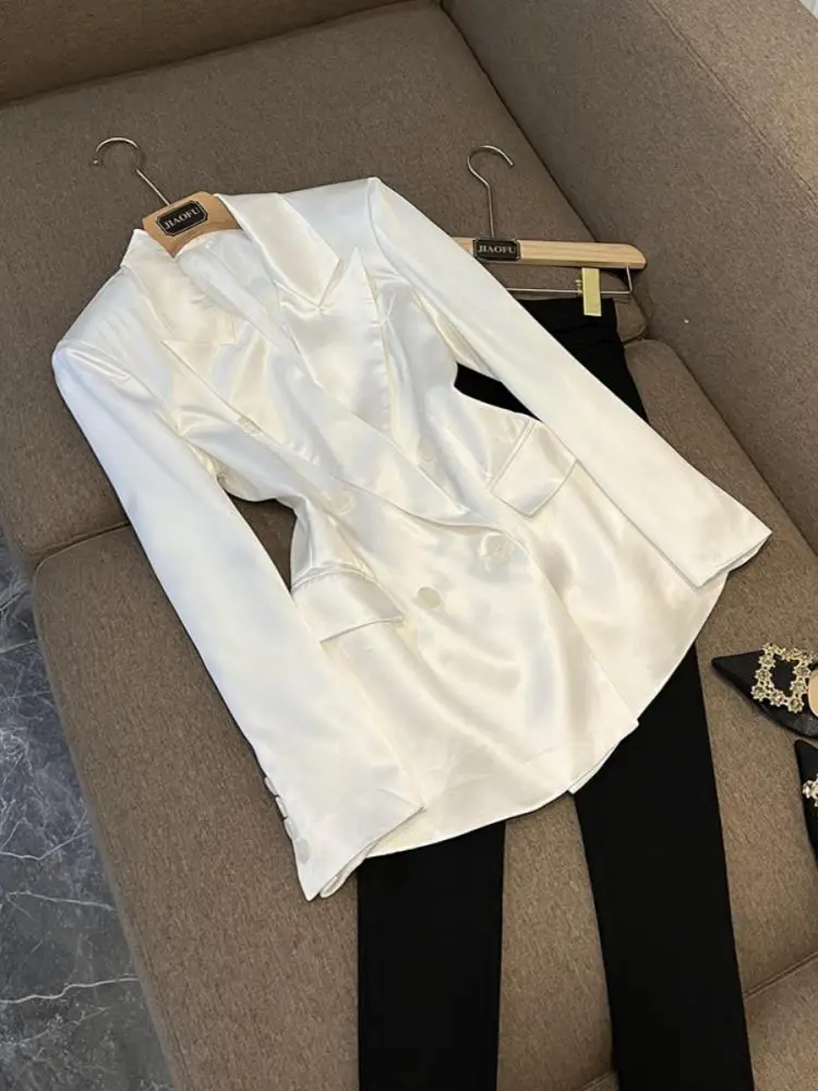 

mat Double-Breasted Design Silk Satin Padded oulder Long Sve Women's Suit Winter Outerwear Jaet Commute Sle