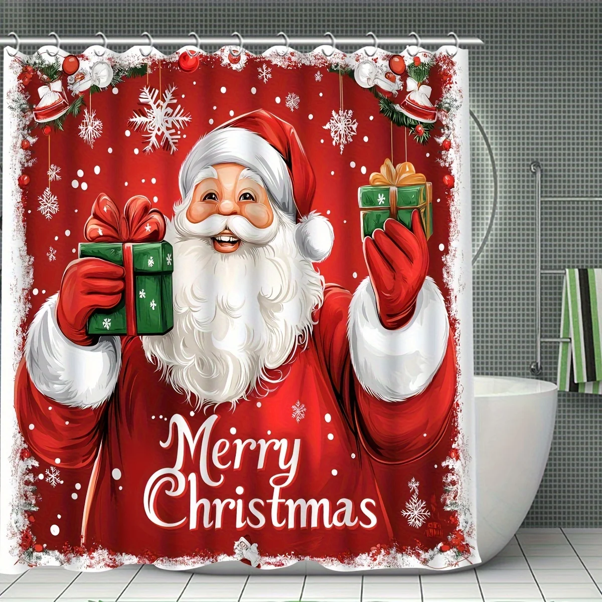 

Christmas Shower Curtain Set with Santa Pattern, Non-Slip Bath Mat and U-Shape Toilet Cover, Winter Holiday Bathroom Decor