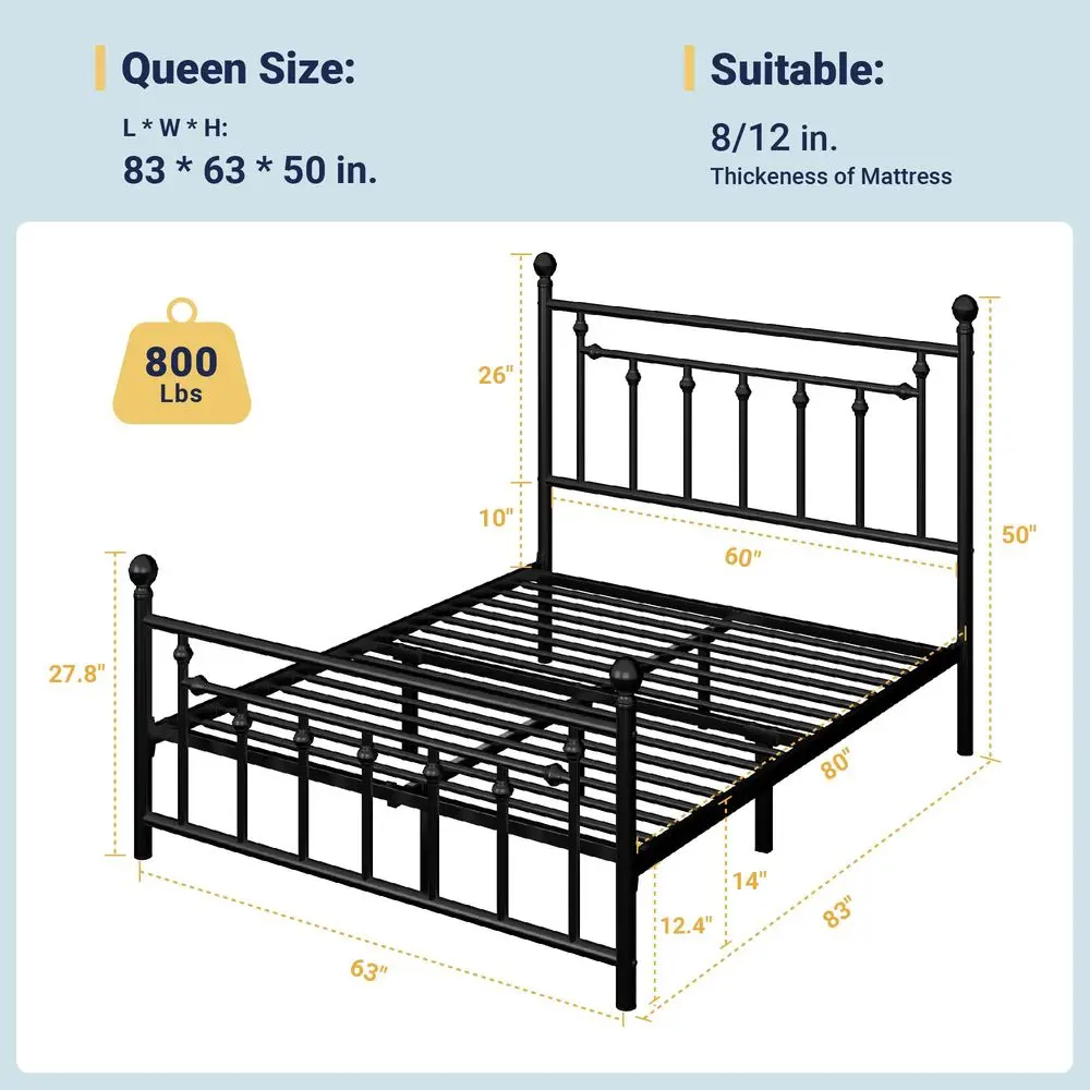 

14 Inch Queen Size Metal Platform Bed Frame with Victorian Vintage Headboard and Footboard Mattress Foundation Under Bed Storag
