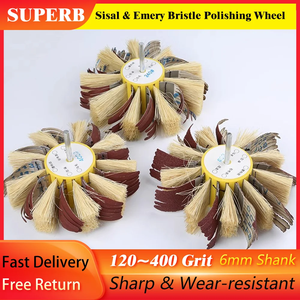 

1Pcs Shaft-Mounted Sisal & Emery Bristle Polishing Brush Wheel 6mm Shank For Wood Primer Metal Sanding Abrasive Disk Tool