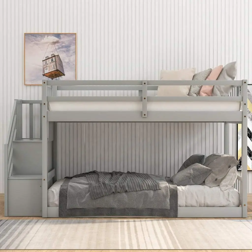 

& Bright Designs Low Bunk Beds Twin Over Twin Size, Solid Wood Bunk Bed with Storage and Guardrail for Kids and Toddler