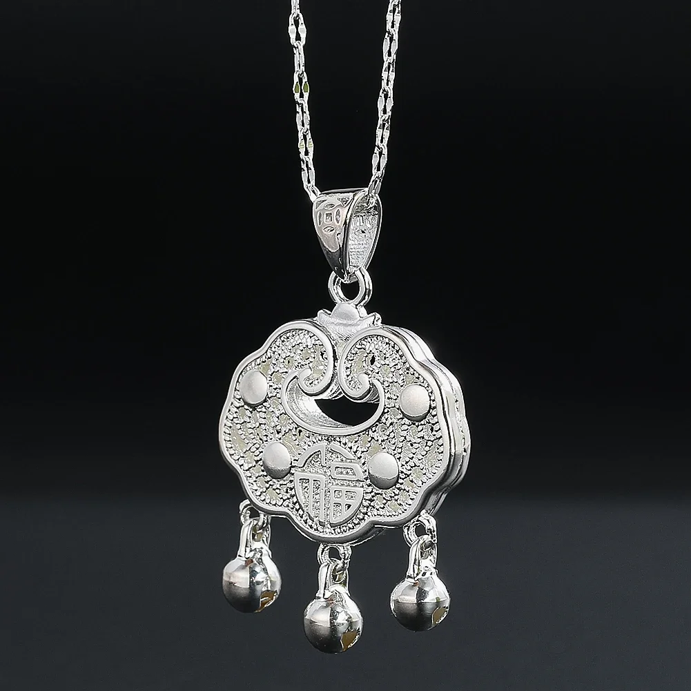 Chinese Style Silver Color Copper Peaceful Lock Bells Necklace Lucky Character Pendant Amulet Gift for Best Wishes Newborn Baby