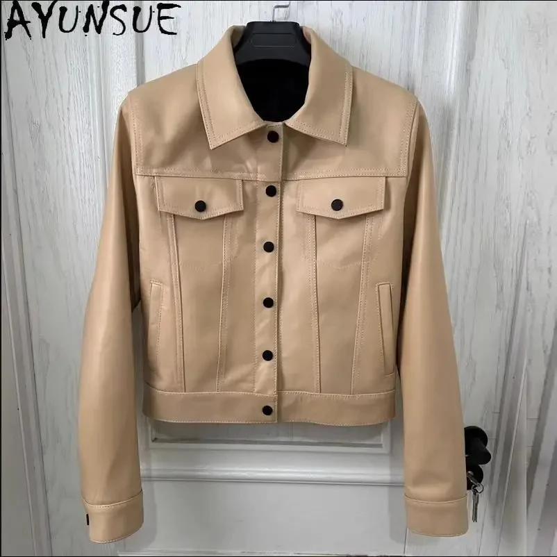 AYUNSUE-Casaco de pele de carneiro macio para mulheres, casaco real casual de qualidade, slim fit, roupas curtas OL, clássico, novo