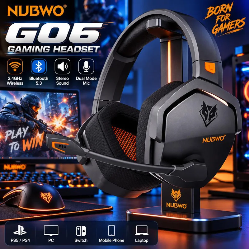 Fone de Ouvido Gamer NUBWO G06 Sem Fio 2.4GHz Bluetooth 5.3 Headphones Estéreo Modo Duplo com Microfone para PS5 PS4 PC Computador Nintendo Switch Celular Telefone Notebook Office Home PC Gamer Console