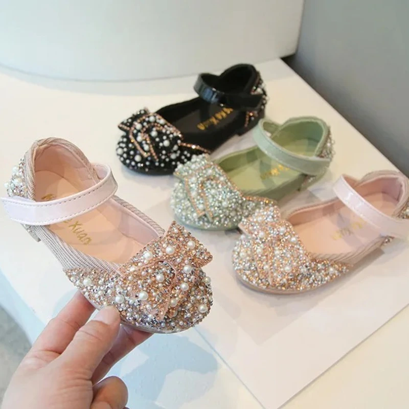 

Girl Spring Autumn Pearl Princess Shoes Children Simple Colored Diamond Dance Shoes Woman Bow Velcro Versatile Performance Shoes