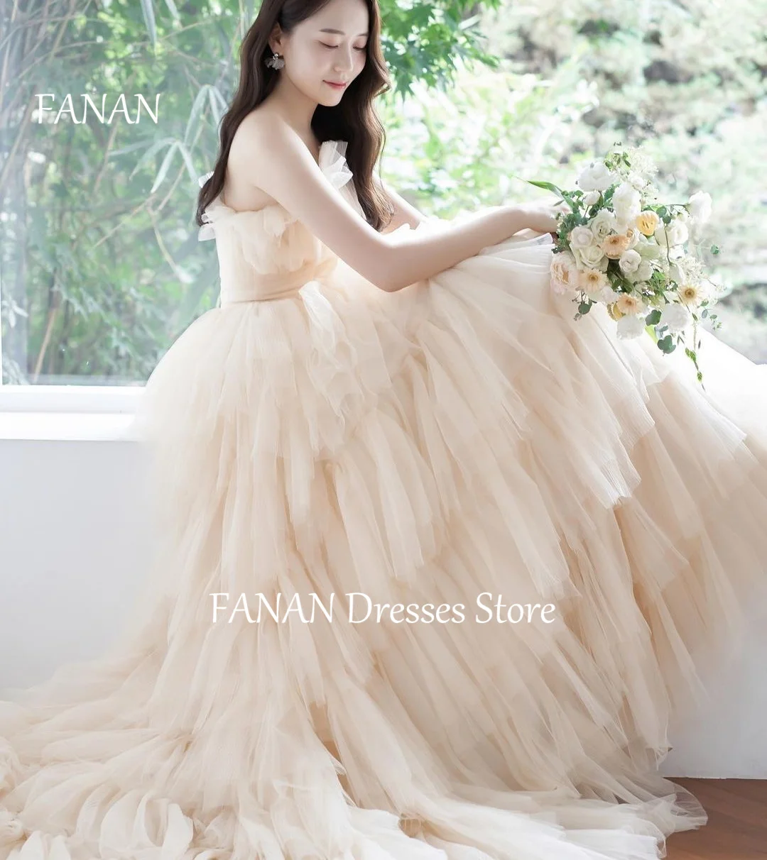 

FANAN Tulle Champagne Evening Party Dresses Korea Corset A-Line Strapless Tiered Wedding Women Formal Gowns Event Prom Gowns