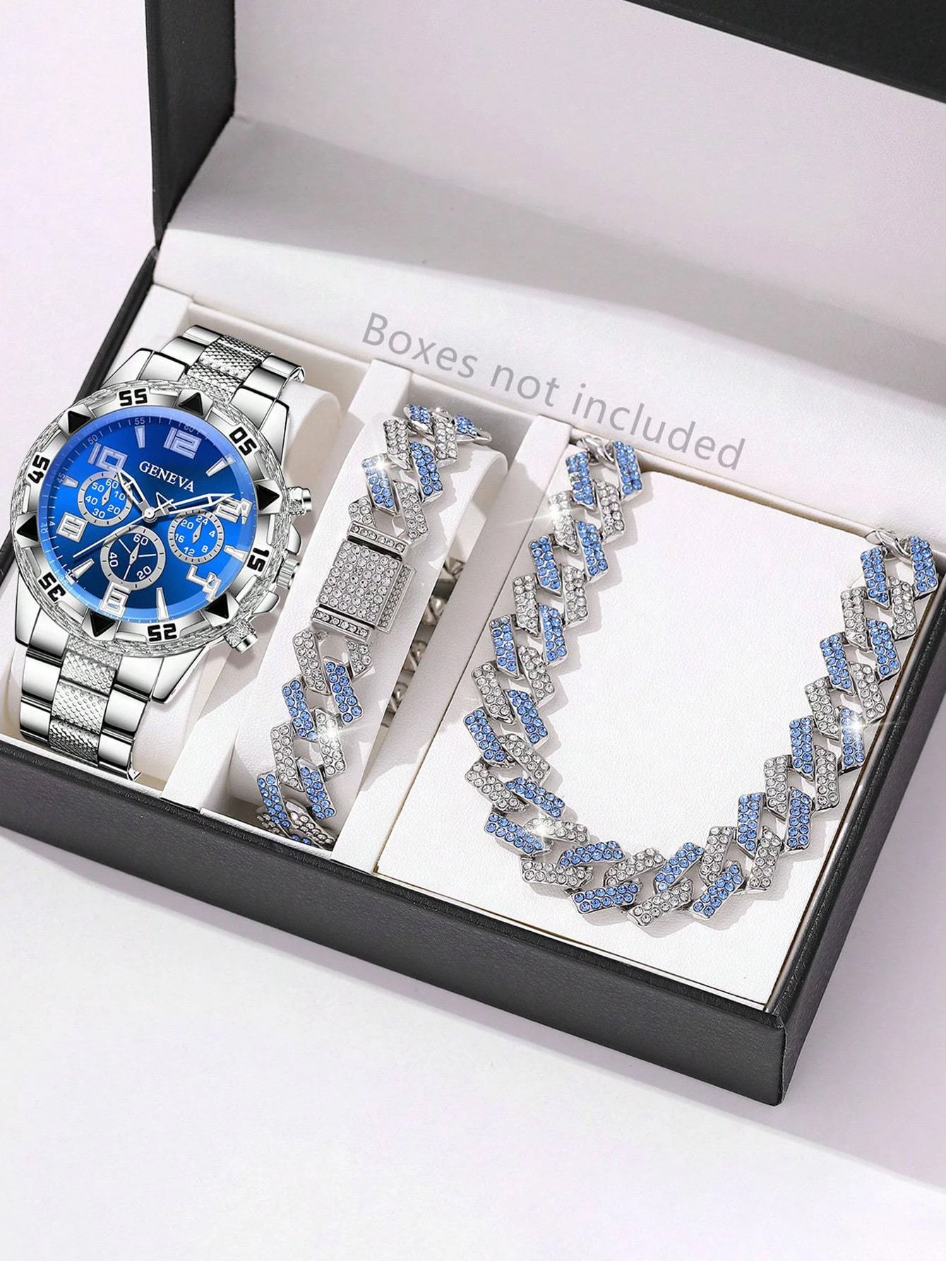 

Casual Men's Quartz Watch And Diamond Embedded Cuban Bracelet Necklace Set for Daily Use Birthday Gift without Box