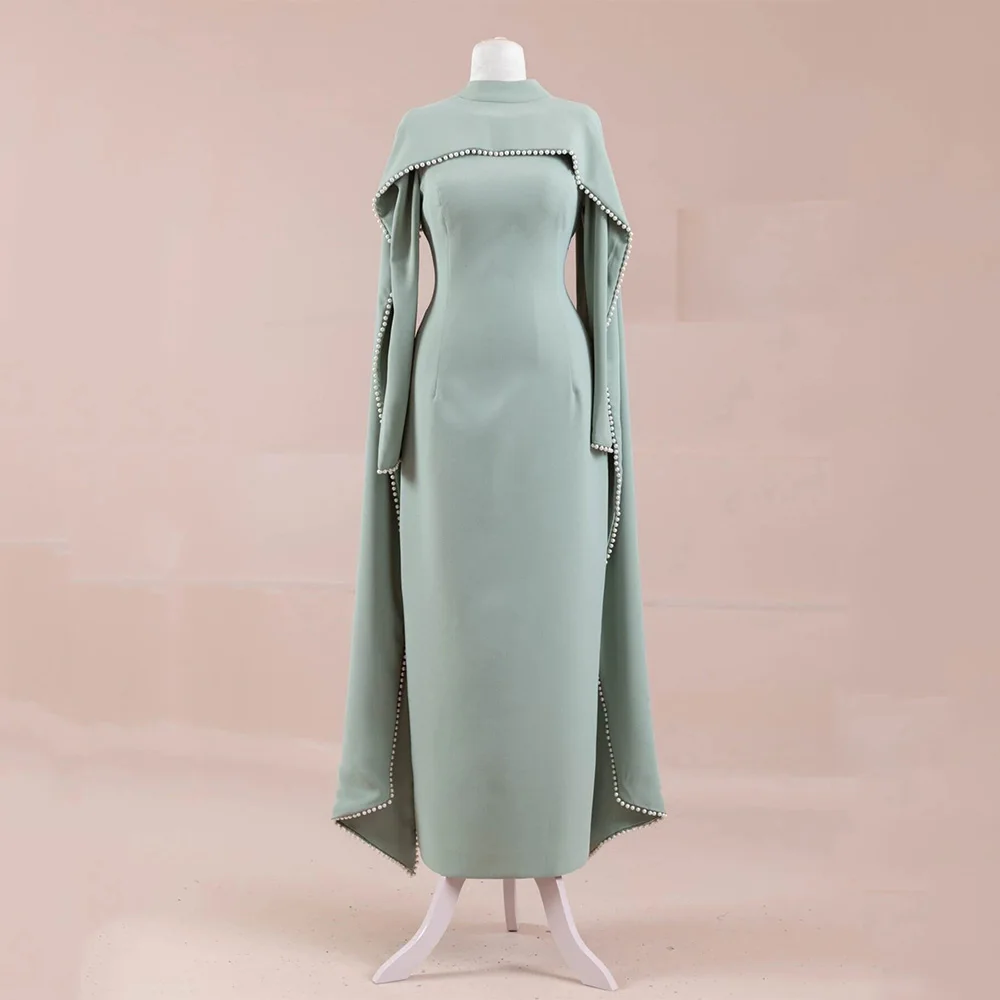 

Elegant Prom Dress 2 Pieces Pearl Wrap High Collar Long Sleeves Prom Gown Column Ankle Length Sheath Women's Wedding Guest Gowns