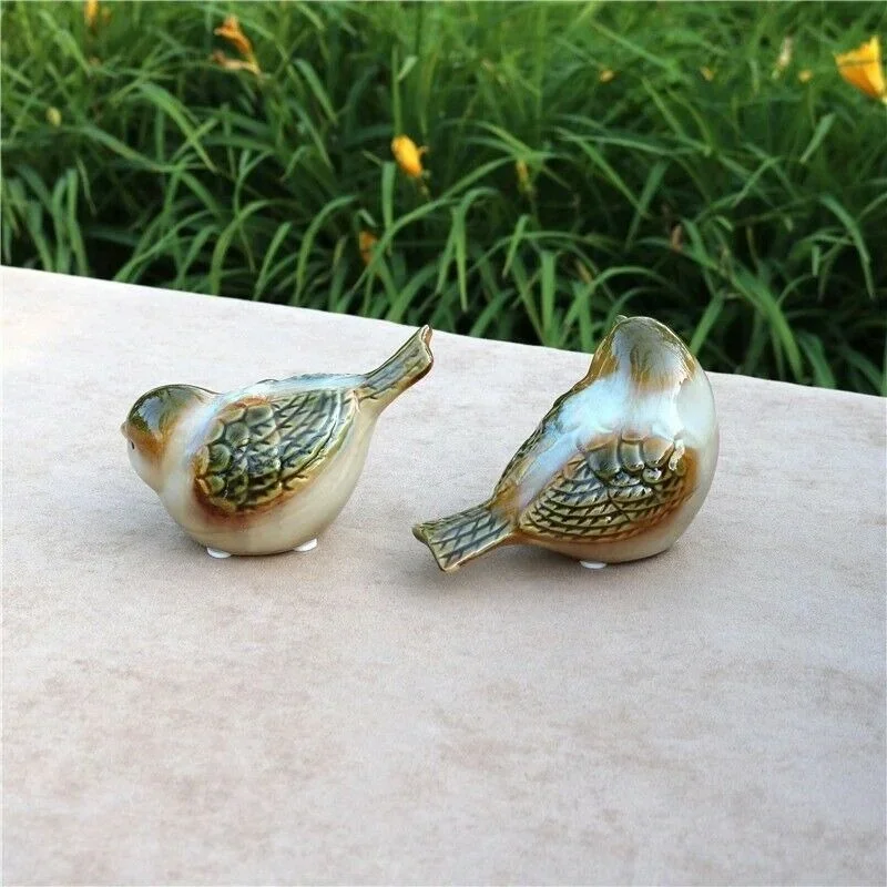 2PCS Porcelain Small Bird Ornaments Cute Sparrow Statues Miniature Figurines Gift