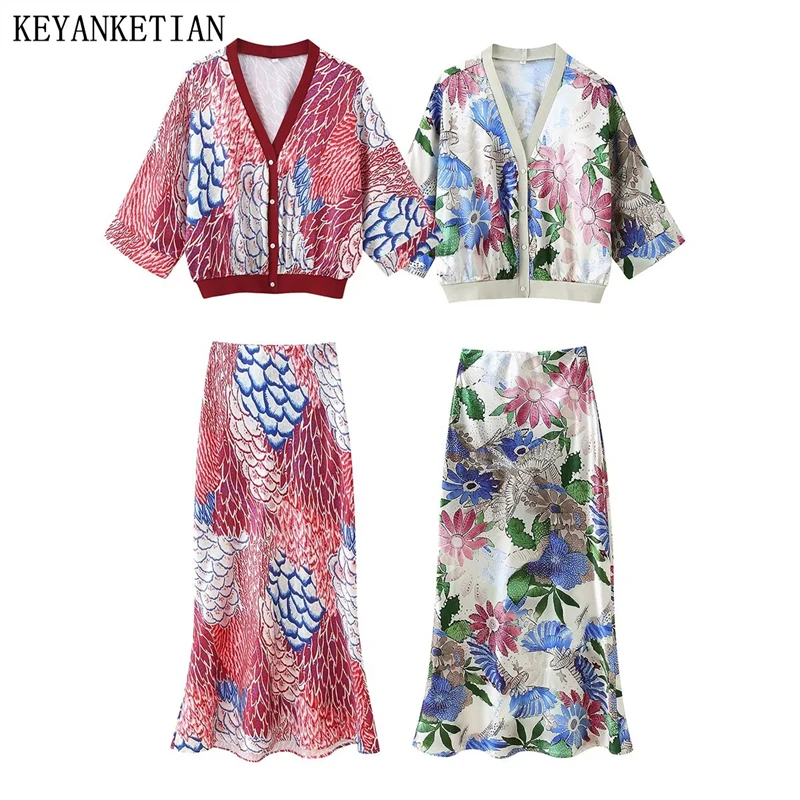 

KEYANKETIAN 2025 New Ethnic style Flower Print Batwing Sleeve Kimono Shirt Zipper High Waist MIDI Skirt Women's Retro Two-Piece