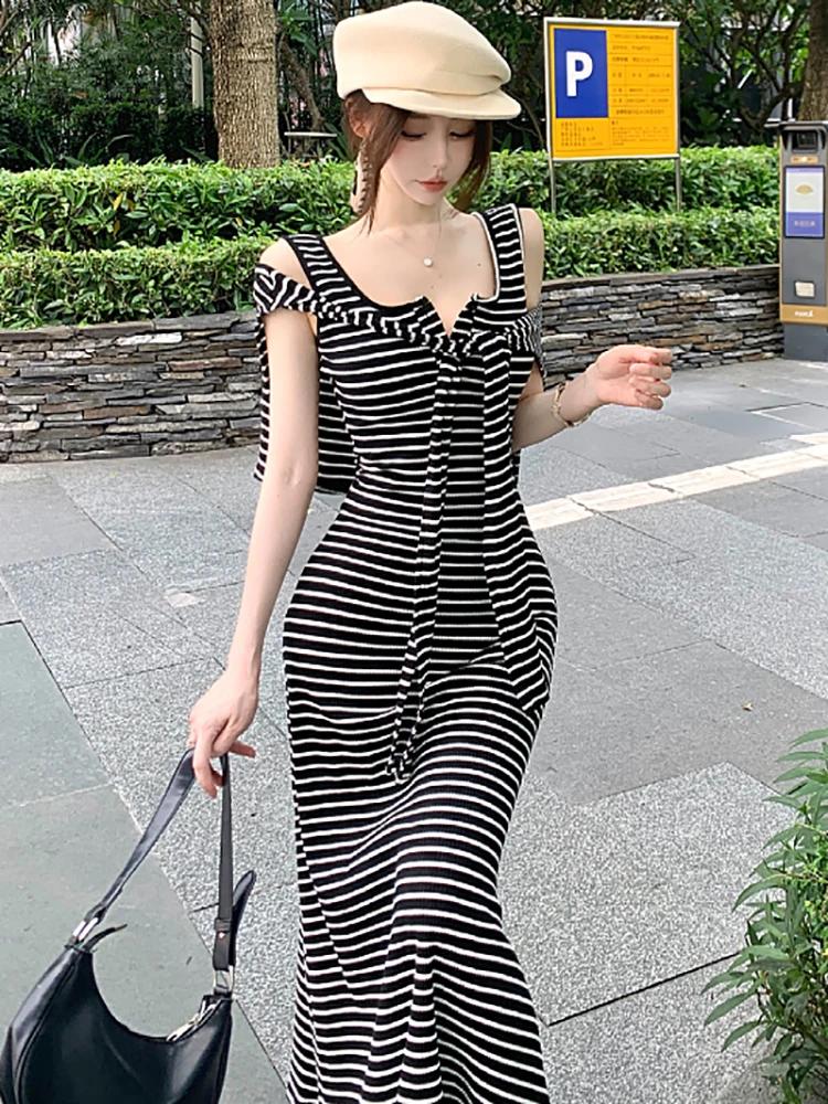 Summer Black and White Striped Square Collar Sling Sexy Dress Women Elegant Luxury Ruffled Long Dress 2025 Korean Bodycon Dress