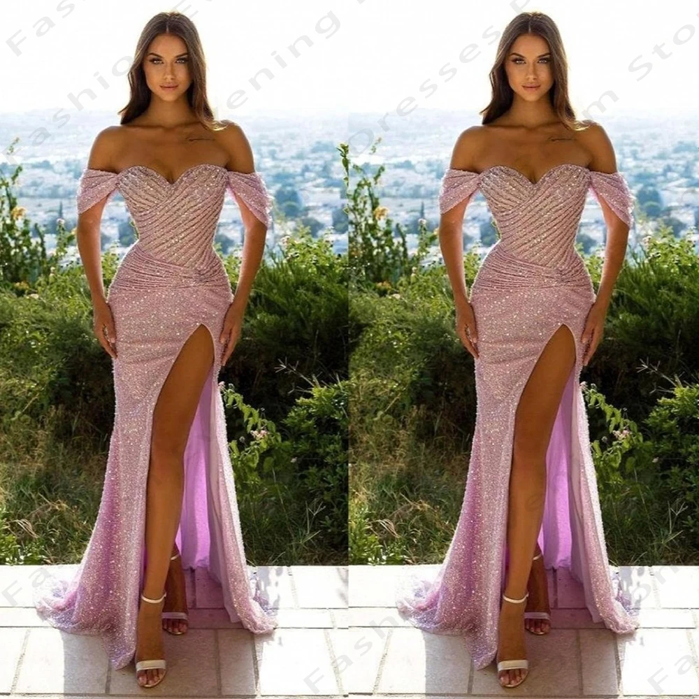 

Sexy Evening Dresses Mermaid Off Shoulder Short Sleeved High Slit Pretty Sparkling Beading Simple Mopping Prom Gowns For Women