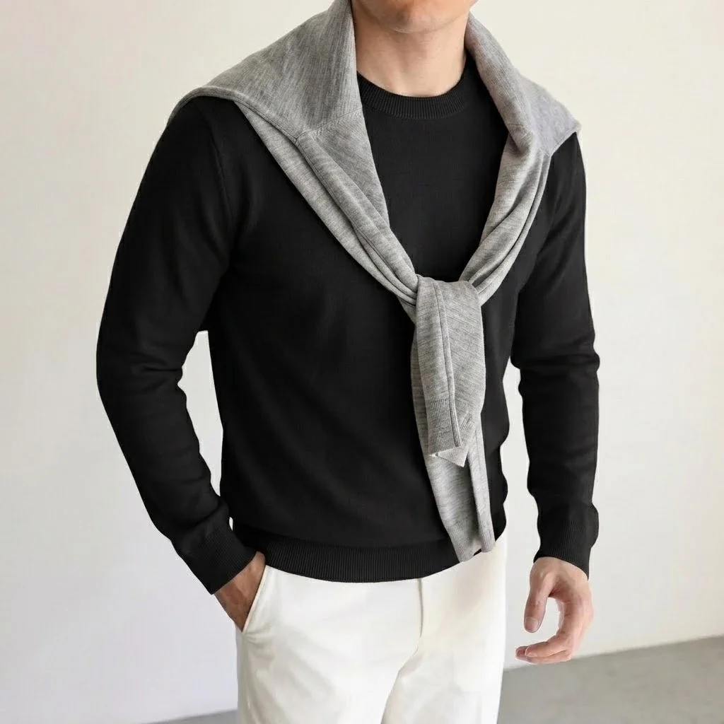 New Mens Round Neck Long Sleeve Knit Jumper Plain Hue Supple Oversized Pullover Blouses Winter Cozy Outer Garment Slim Jackets