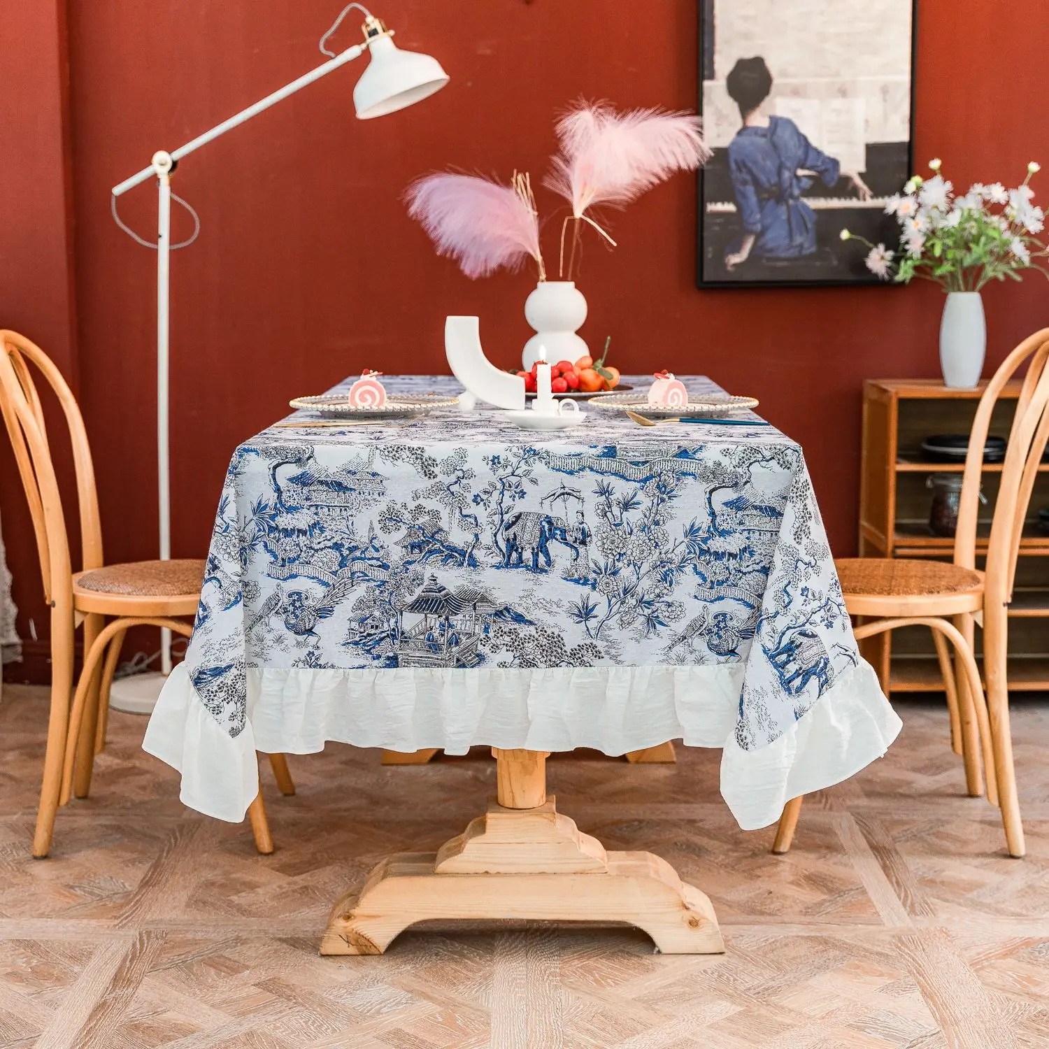 Cotton Ruffle Blue Floral Embroidery Table skirt Tablecloth for Home Dining Coffee Wedding Party Banquet Table Decor