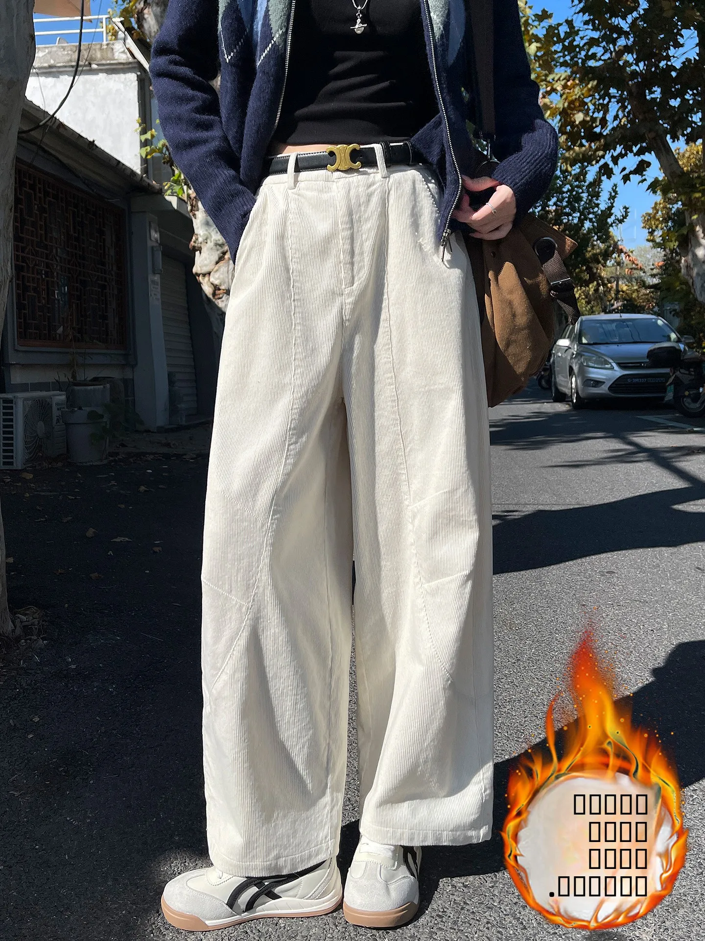 Pantalon large en velours côtelé blanc pour femme, taille haute, drapé, décontracté, pantalon droit à neuf points, pantalon de costume, automne hiver, nouvelle arrivée