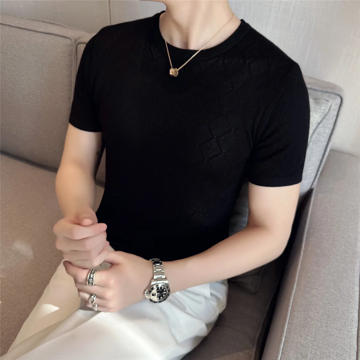 2022 Summer Slim Fit T-Shirt Men\'s High Quality Plaid Fashion Solid Color Casual Round Neck Knit Short Sleeve Top T-Shirt Male