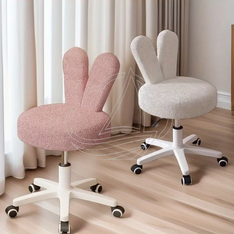 Cream Style Lamb Fleece Rabbit Ear Makeup Chair, Adjustable Vanity Stool, Backrest Computer Chair for Bedroom & Nail Salon