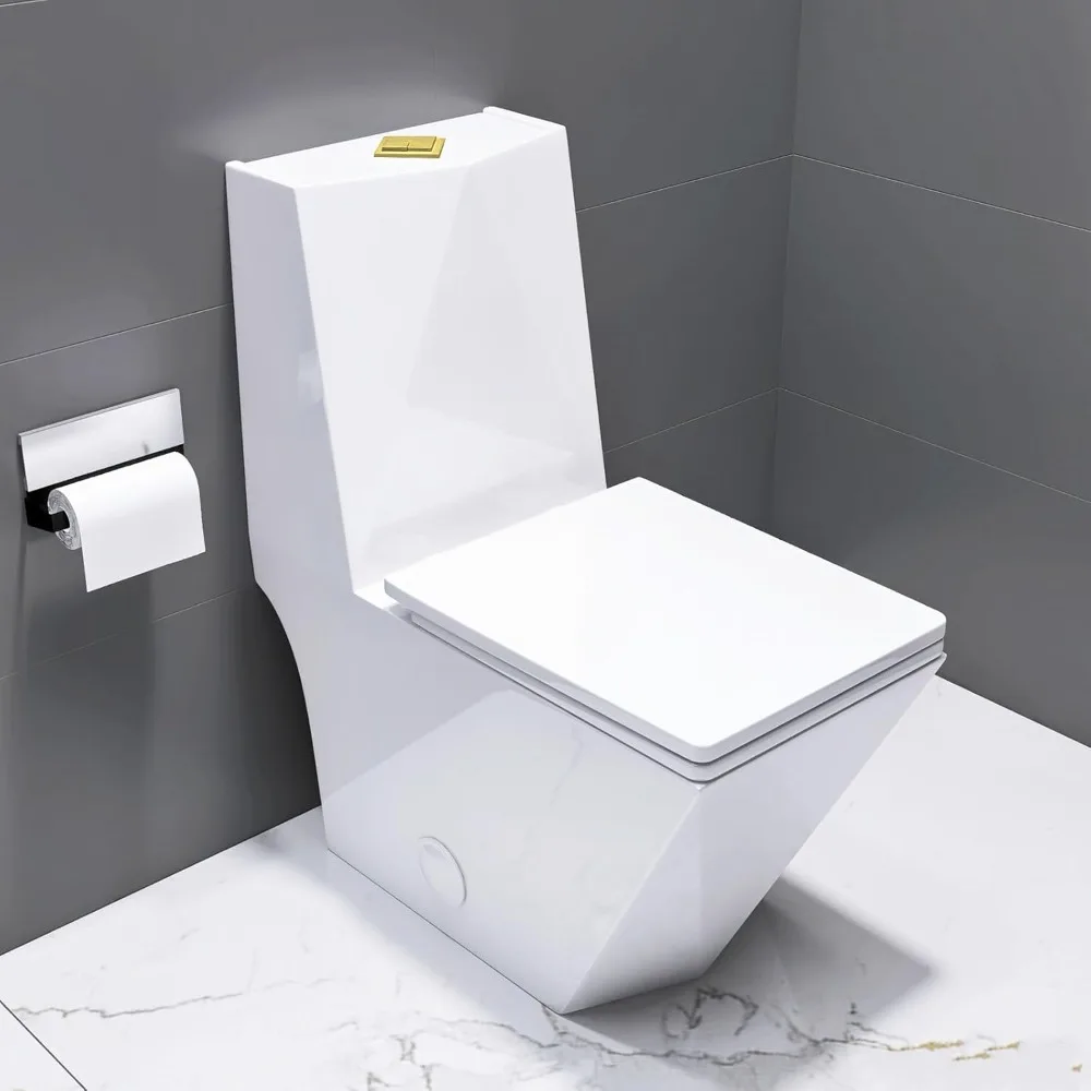 

Modern Square Toilet One Piece With Golden Push Button Dual Flush Elongated Rectangle Comfortable ADA Height,White with golden