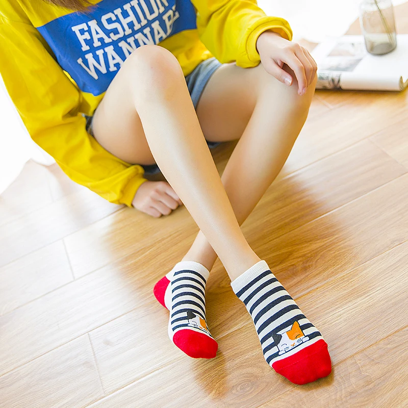 5 Pairs Women Socks Harajuku Cartoon Cute Cat Cotton Ankle Socks Korean Girls Kawaii Casual Breathable Short Sock Sox Calcetines