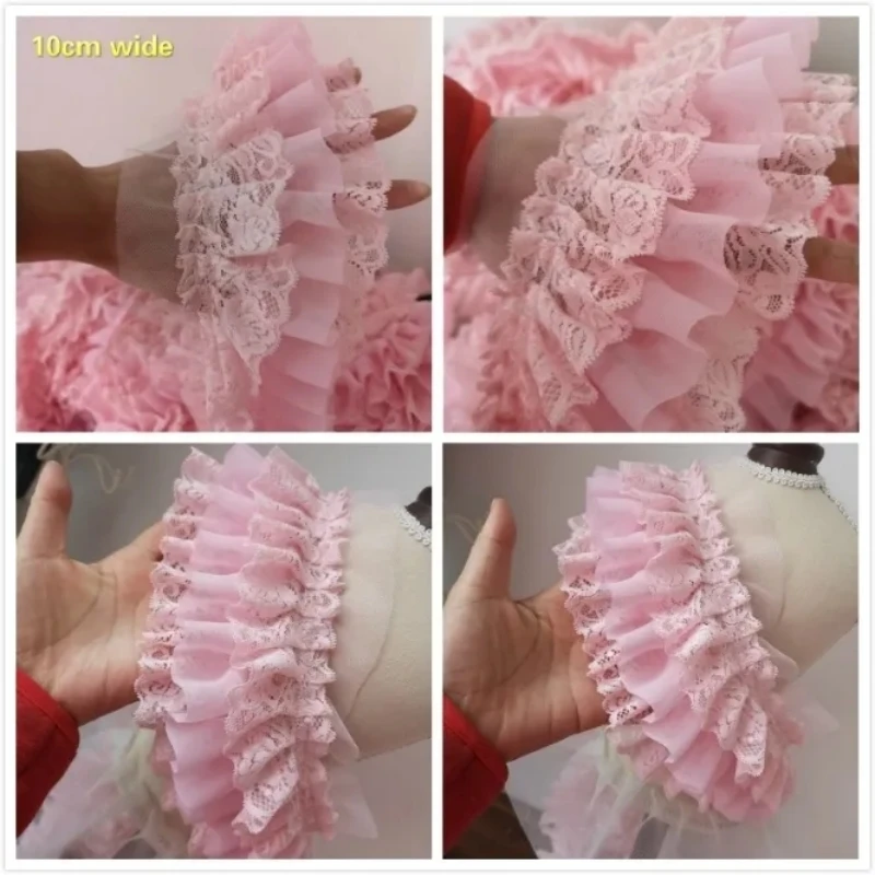 HOT Pink Three-layer Pleated Chiffon Beautiful Lace Ribbon Fabric DIY Handmade Wedding Dress Skirt Clothes Hat Making Doll Trim