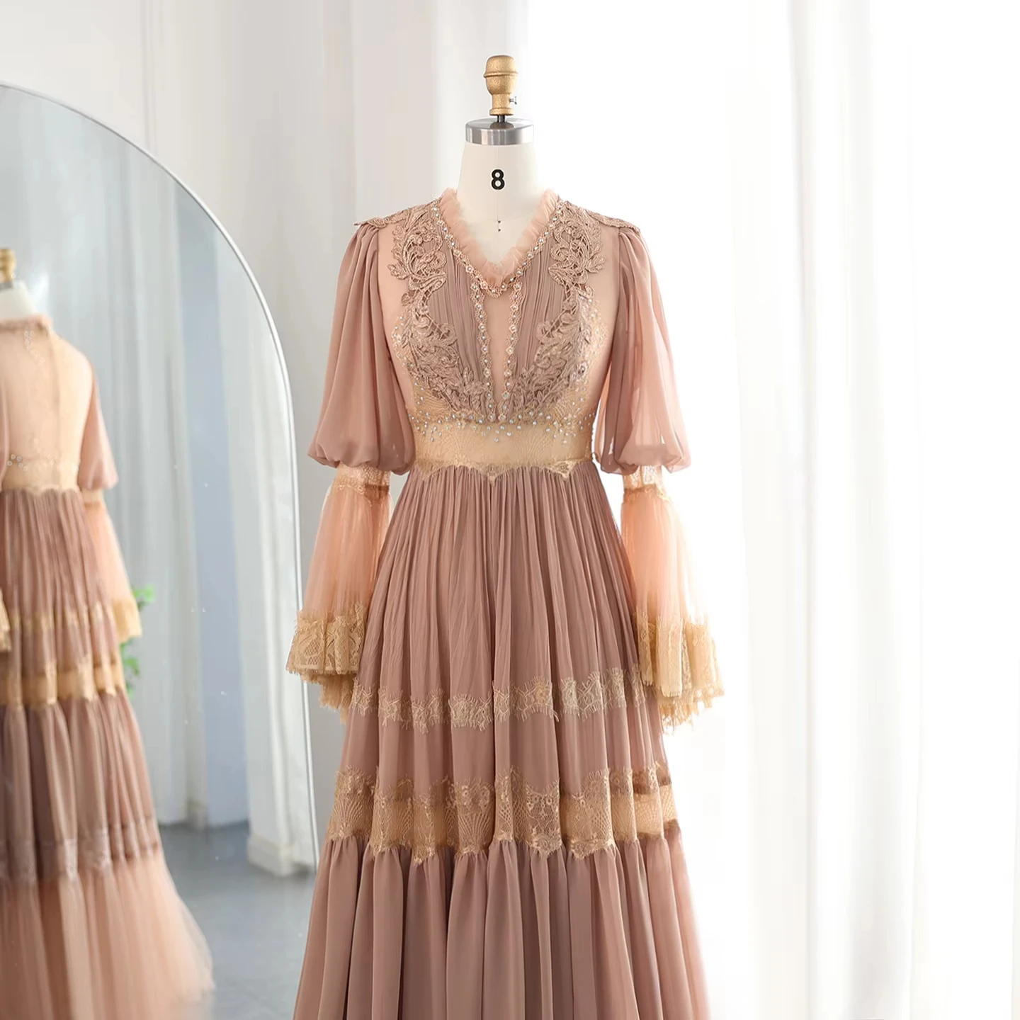 Customized Elegant Peach Lace Muslim Evening Dress Luxury Long Sleeves Arabic Dubai Women Wedding Party Gowns LSZ535 image 2