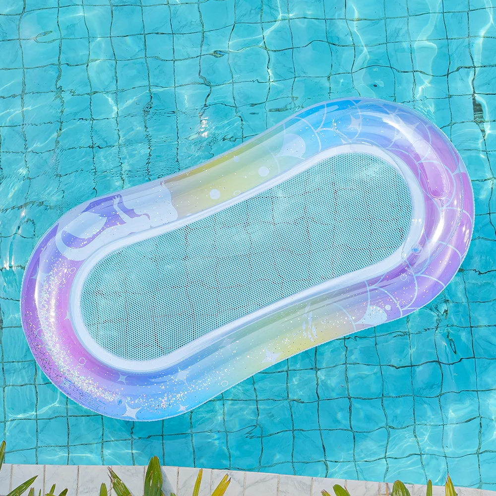 Mermaid Sequin Inflatable Floating Drainage Hammock - Net Seat Pool Float and Lounger for Beach, Lake and Spa Relaxation