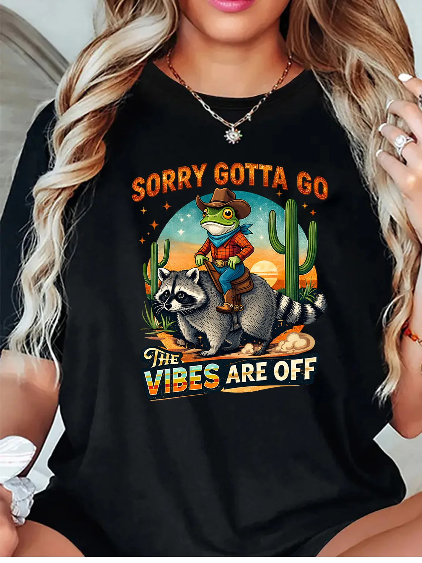 Sorry Gotta Go The Vibes Are Off Frog Raccoon Desert Cactus Graphic Womens T Shirt Short Sleeve Crew Neck Casual Ladies Tee Tops