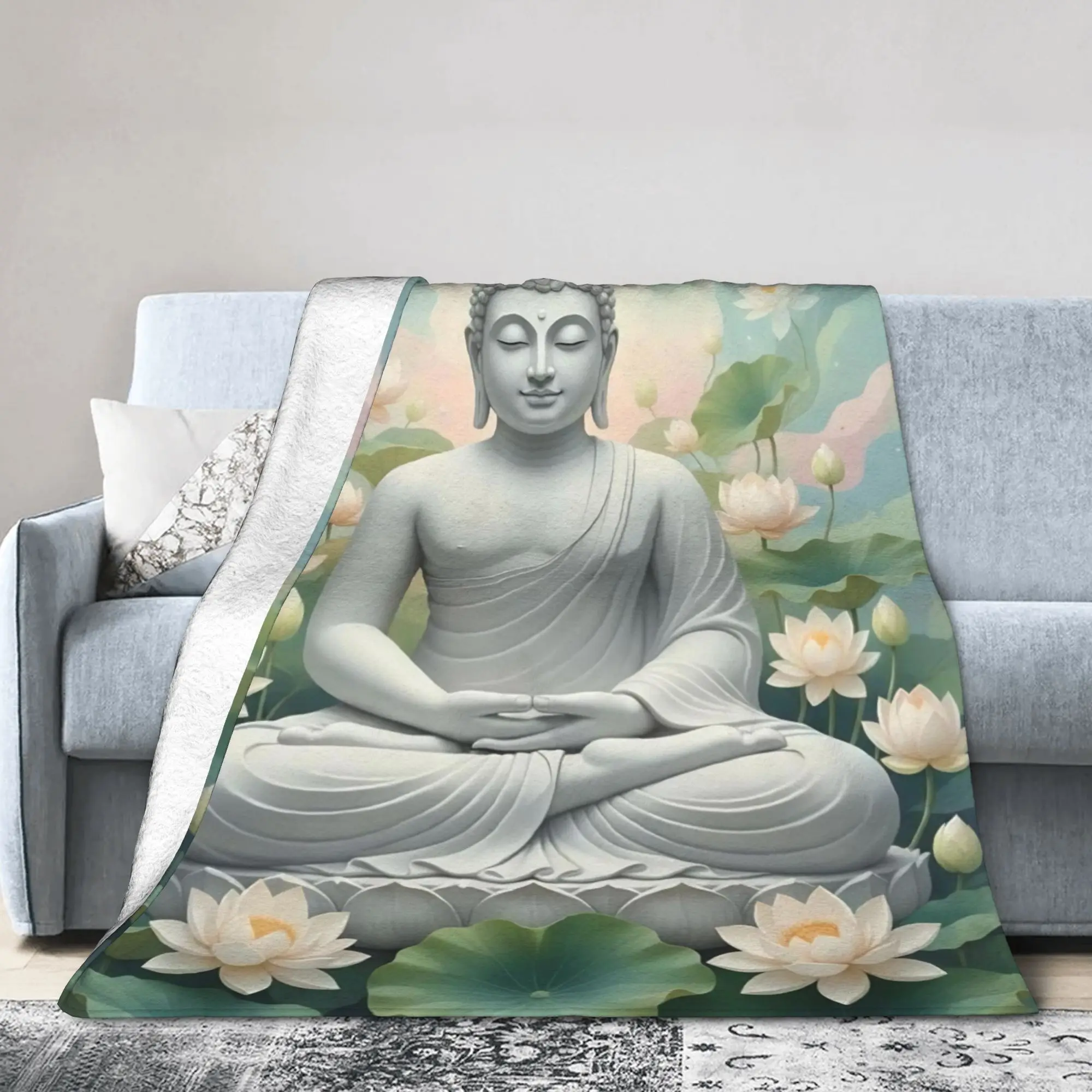 Buddha Lotus Zen Meditation Knitted Blankets Coral Fleece Plush Buddhism Lightweight Throw Blanket for Home Couch Bedspread