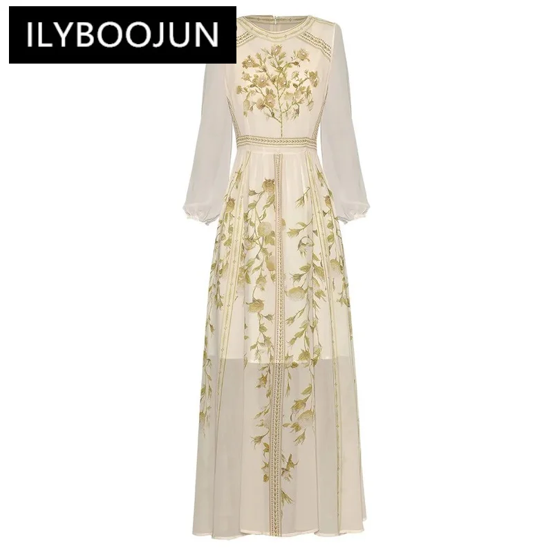 

ILYBOOJUN Summer Fashion Runway Dress Women Vintage Temperament Print Beading Lantern Sleeve Chiffon Elegant Princess Dresses