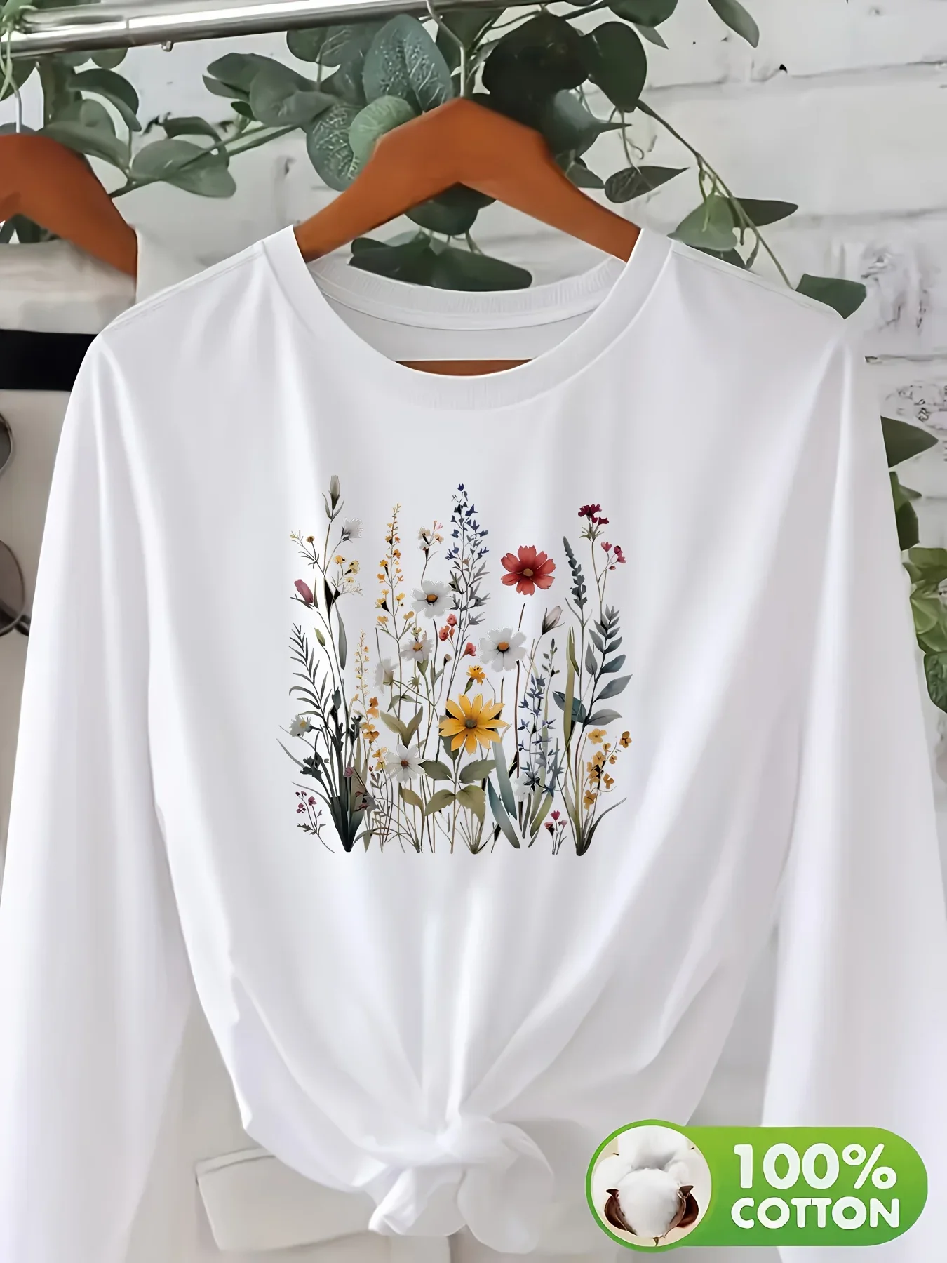 Ästhetisches Langarm-T-Shirt aus 100% Baumwolle mit Blumenmuster, Rundhalsausschnitt, für Herbst und Winter, mit lebhaftem Blumendesign, lässiges T-Shirt