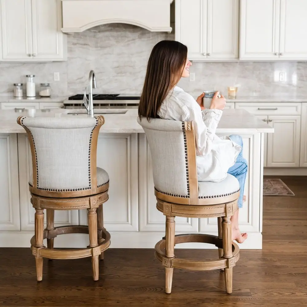 

Pullman Bar Stool 31 Inches Set of 2 Swivel Stools with Footrest Light Brown Solid Wood Frame amp Natural Fabric holstery Per