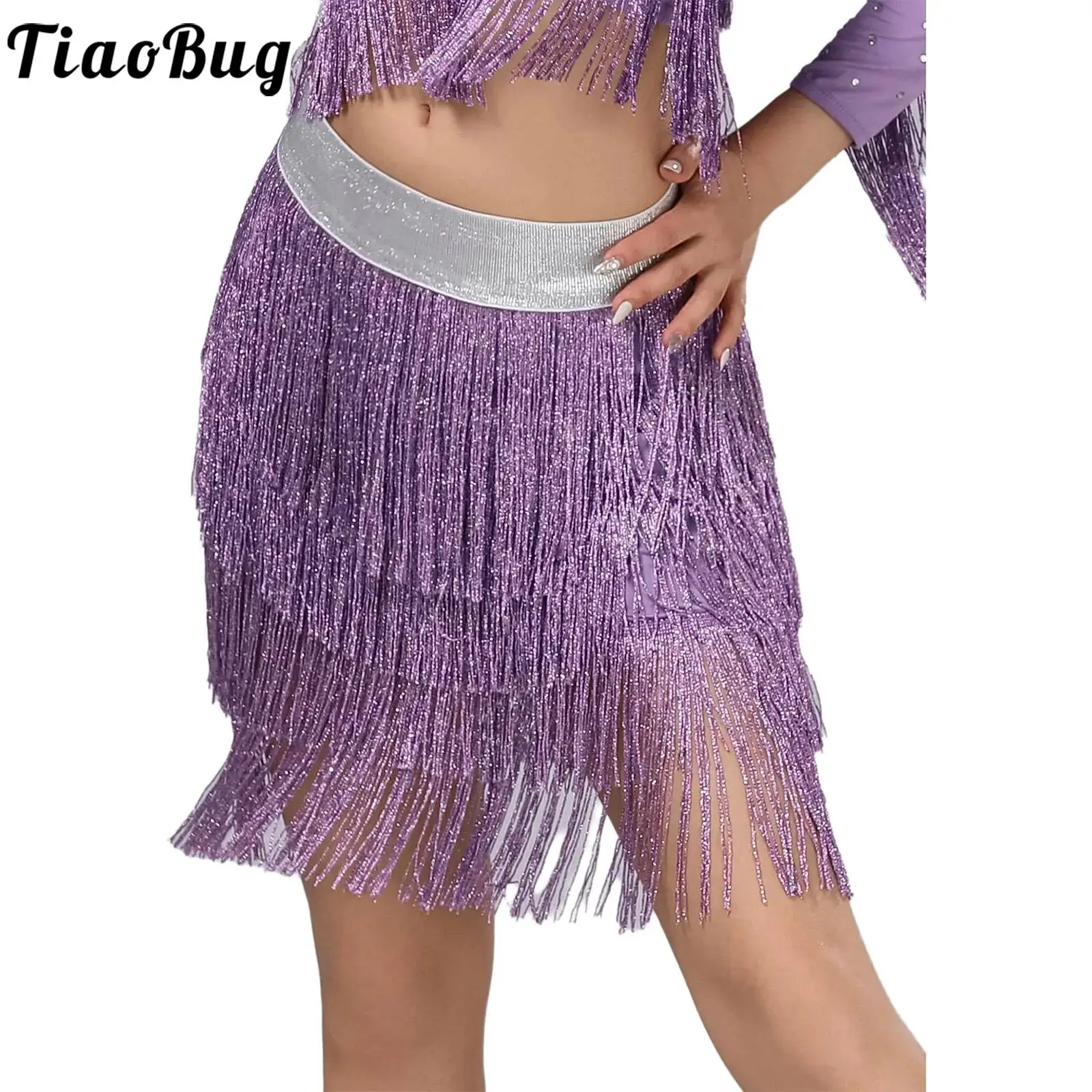 女性フリンジスイングラテンタンゴタッセルスカートダンスウェア光沢のある弾性ウエストバンドティアードスカートダンス衣装チャチャルンバサンバ