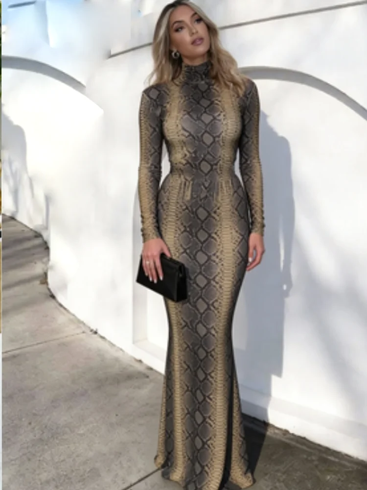 Nibber Turtleneck Dress Woman Peach Hip Serpentine Print Full Sleeve Skinny Midnight Club Party Hipster Sexy Fashion Bodycon