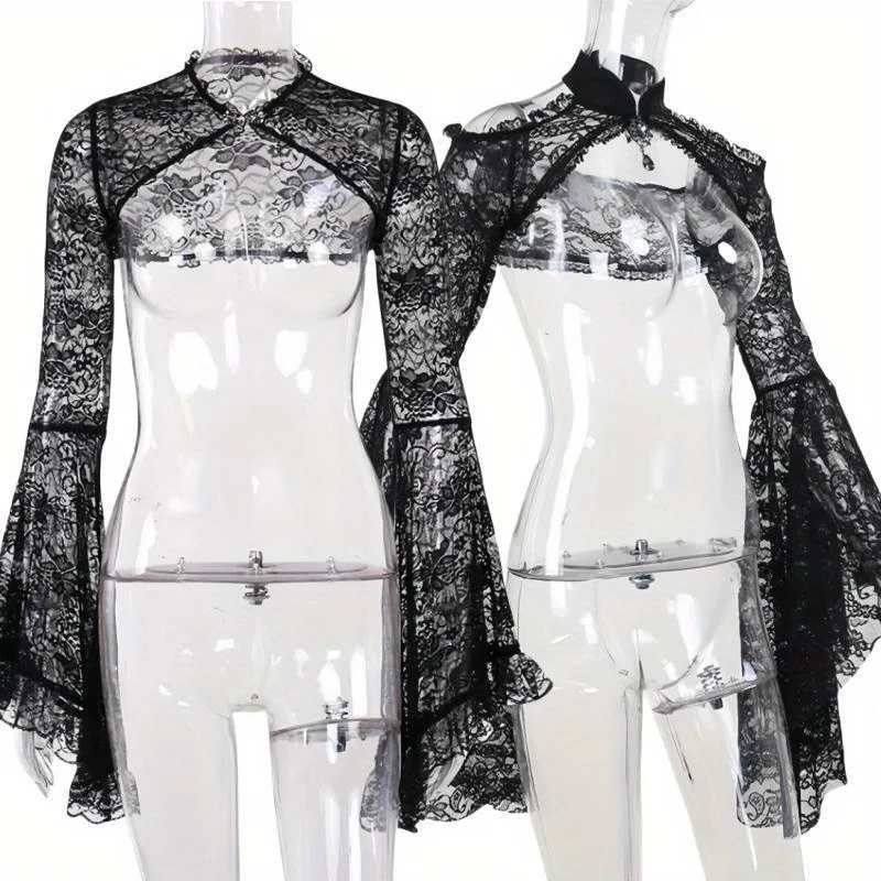 Blusa de mujer europea-americana: mangas acampanadas con recortes de encaje, diseño transparente abotonado para conjuntos elegantes diarios e informales