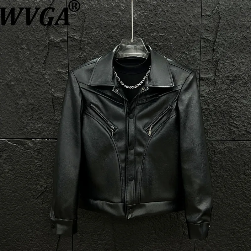 

WVGA Autumn Winter New Man Tide Turn-Down Collar Short Leather Jacket Niche Chic Casual Padded Shoulder Leather Coats Ins W14796
