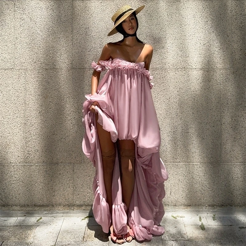Alta baixa rosa verão vestidos de férias sem alças babados cetim vestidos de aniversário para sessões de fotos sexy vestido formal feminino festa wear