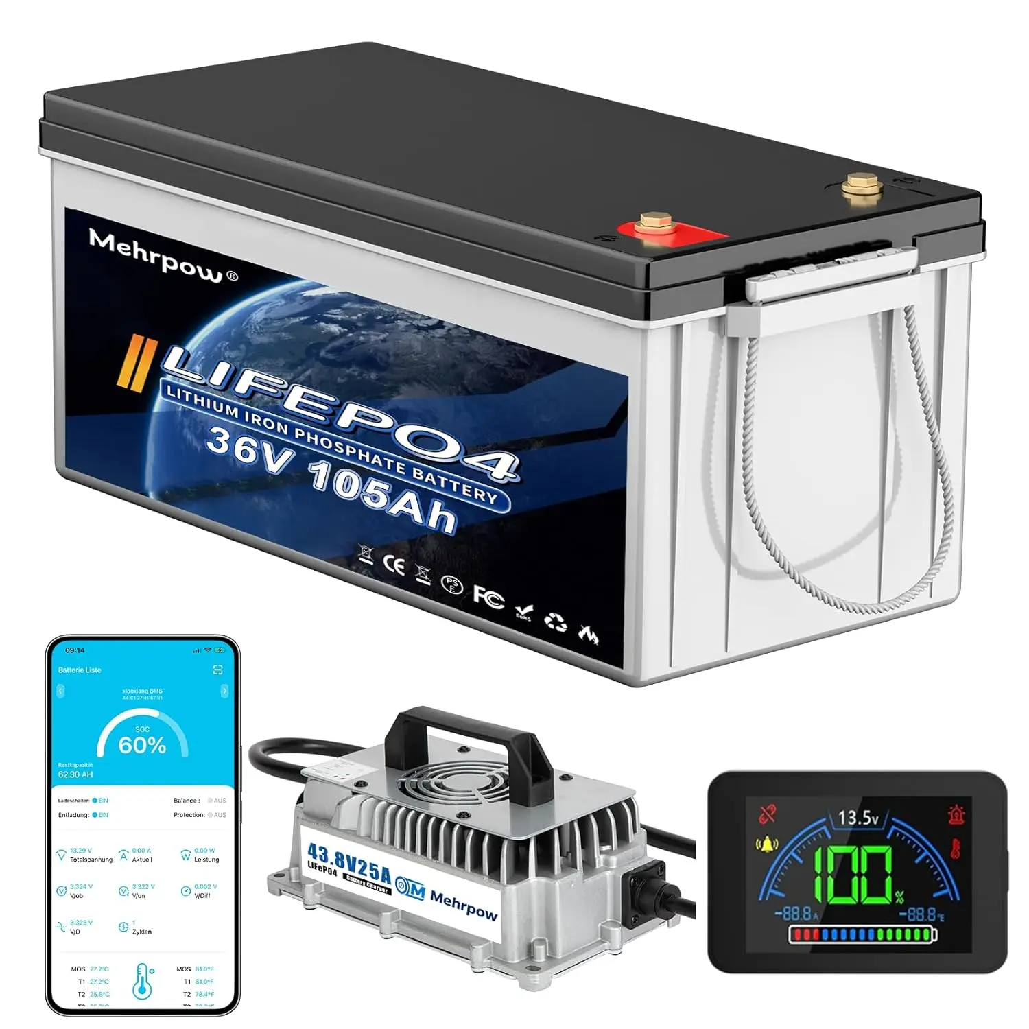 

36V lithium golf cart Battery, built-in Bluetooth 200A BMS and LCD displaywith 25A Charger，IP65 water&dust,10000+, Custom