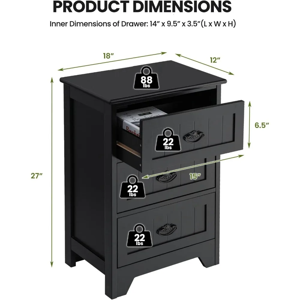 منضدة Giantex مع 3 أدراج، طاولة بجانب السرير مع مقابض معدنية رائعة، طاولة جانبية للأريكة مع طاولة مضادة للانزلاق D