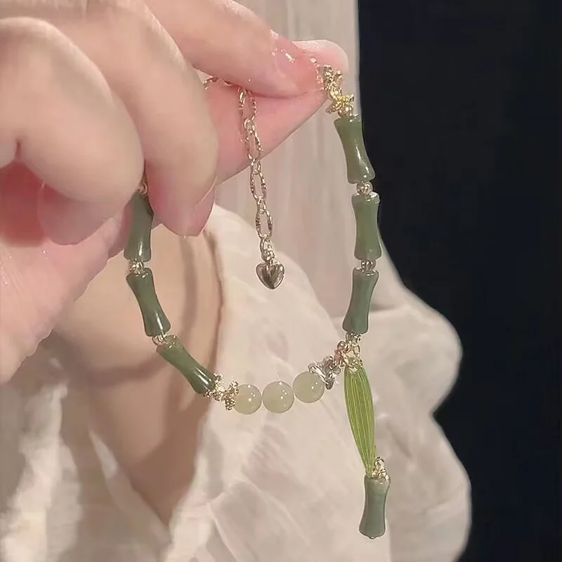 1Pcs Handmade Green Color Natural Stone Bamboo Joint Leaves Tassel Beads Strand Beaded Bracelet for Women Accessories