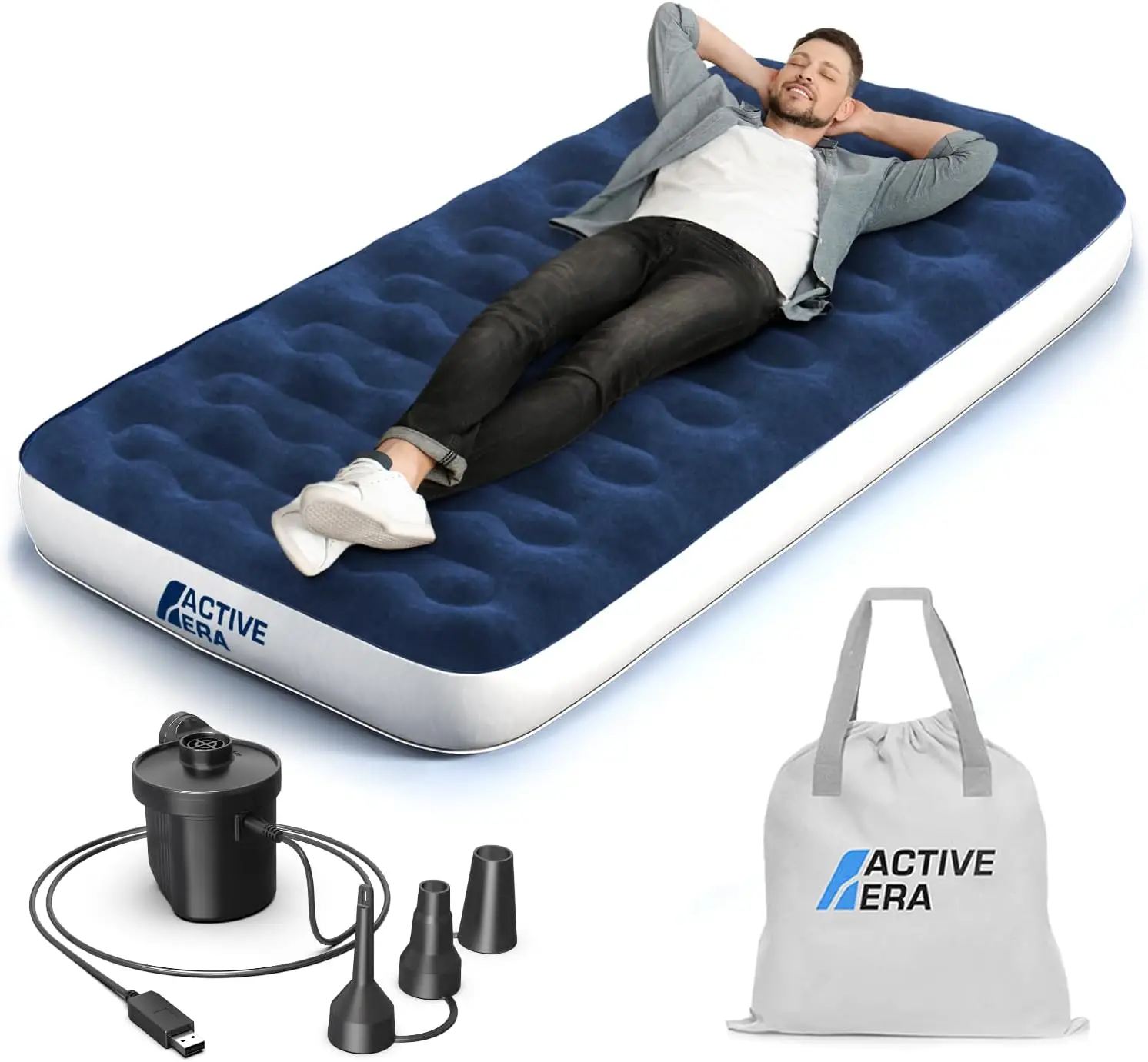 

Twin Air Mattress with Built-in Pump & Raised Pillow - Heavy Duty, Waterproof Inflatable Bed for Camping and Guests