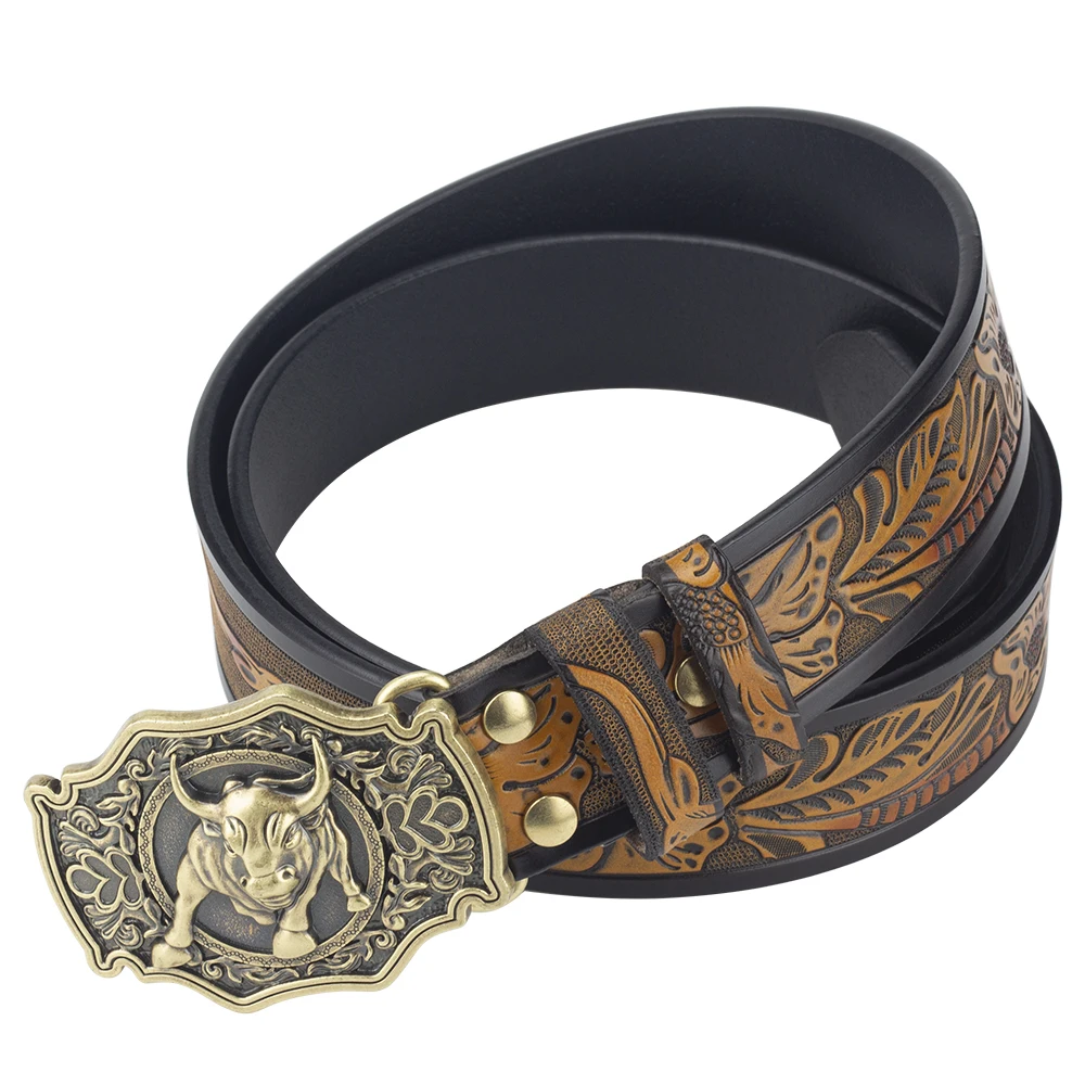 Cow Head Bronze Buckle Men's Belt Embossed Fashion