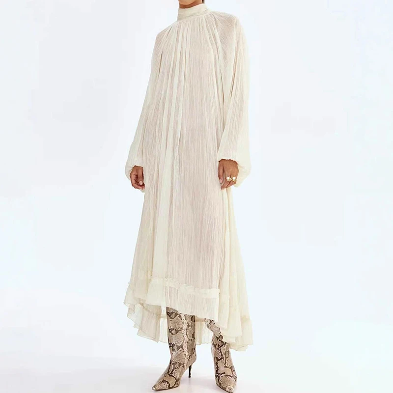 Vestido plisado de manga larga con cuello redondo para mujer, vestido largo holgado para primavera y verano, vestidos elegantes con cordones y manga acampanada 2026