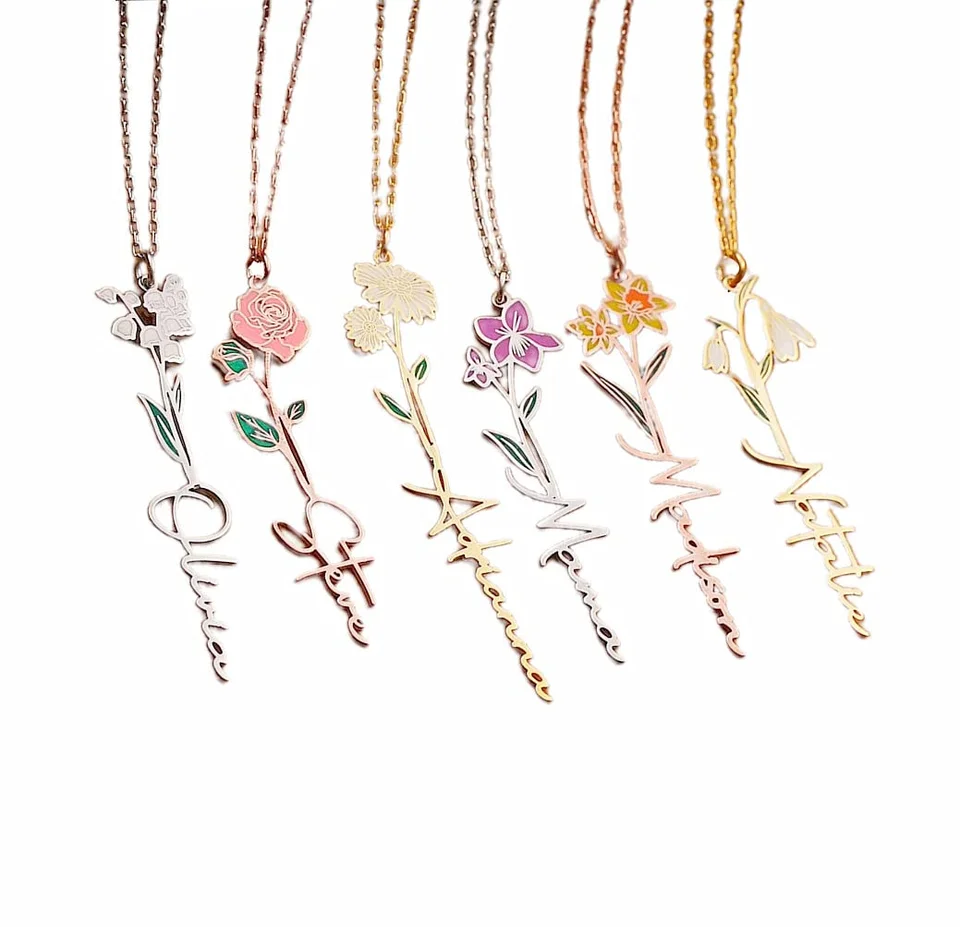 

Stainless steel 12 month colorful flower personalized custom name pendant necklace women fashion jewelry gold plated necklace