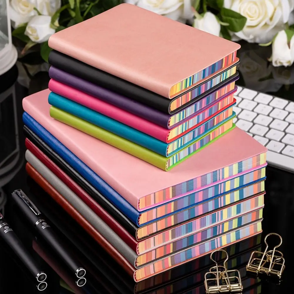 Soft Leather Cover Rainbow Edge Notebook Thickened 200 Pages Work Meeting Record Book Waterproof Horizontal Line