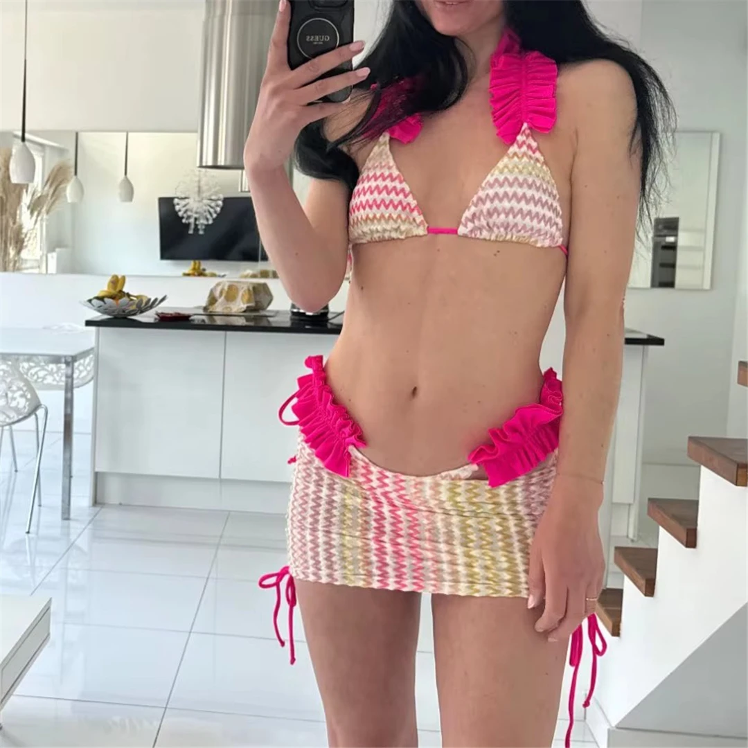 Mit Rock, gewelltem, gerüschtem Bikini, Damen-Badeanzug, Damen-Badebekleidung, dreiteiliges Bikini-Set, Badeanzug, Badebekleidung, Schwimmanzug V5235 – Detail 22