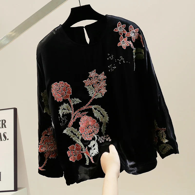 

Faionable Heavyweight Versatile Loose Silk Floral Embroidered round Ne Top Commute Sle Long Sve Women's irt