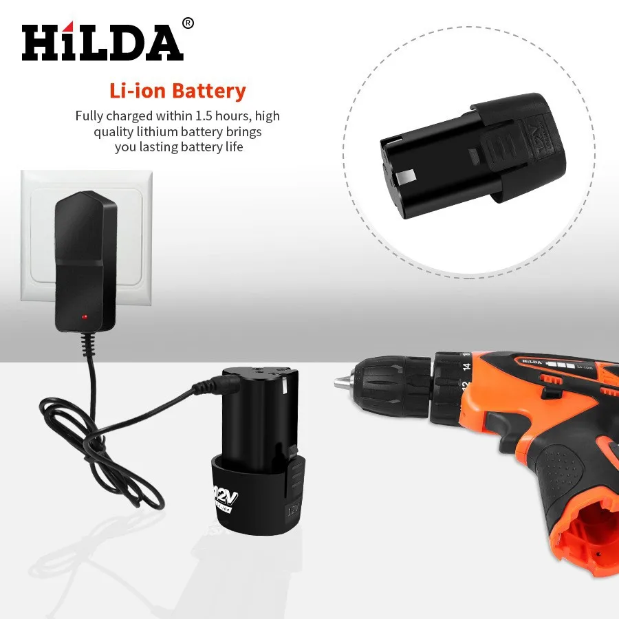 Imagem -02 - Hilda-furadeira Elétrica sem Fio Chave de Fenda 12v Carpintaria Bateria de Iões de Lítio Velocidades Mini Led Ferramentas Elétricas