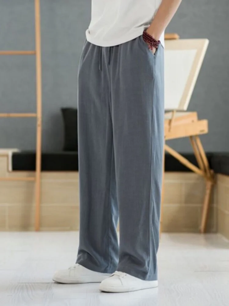 

Cotton Linen Straight Leg Casual Pants Men's Summer Thin Hanging Sense Wide Leg Pants Loose Fit Elastic Waist Breathable